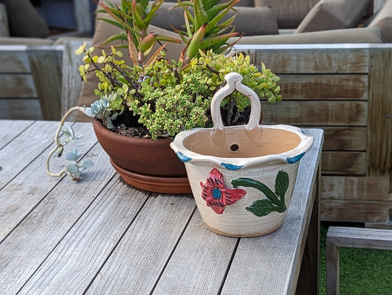 Floral Planter, Handle Flower Pot | Handmade Mexican Pottery from Atzompa, Mexico, Indoor or Outdoor Home or Yard Decor, Ceramic Plant Pot