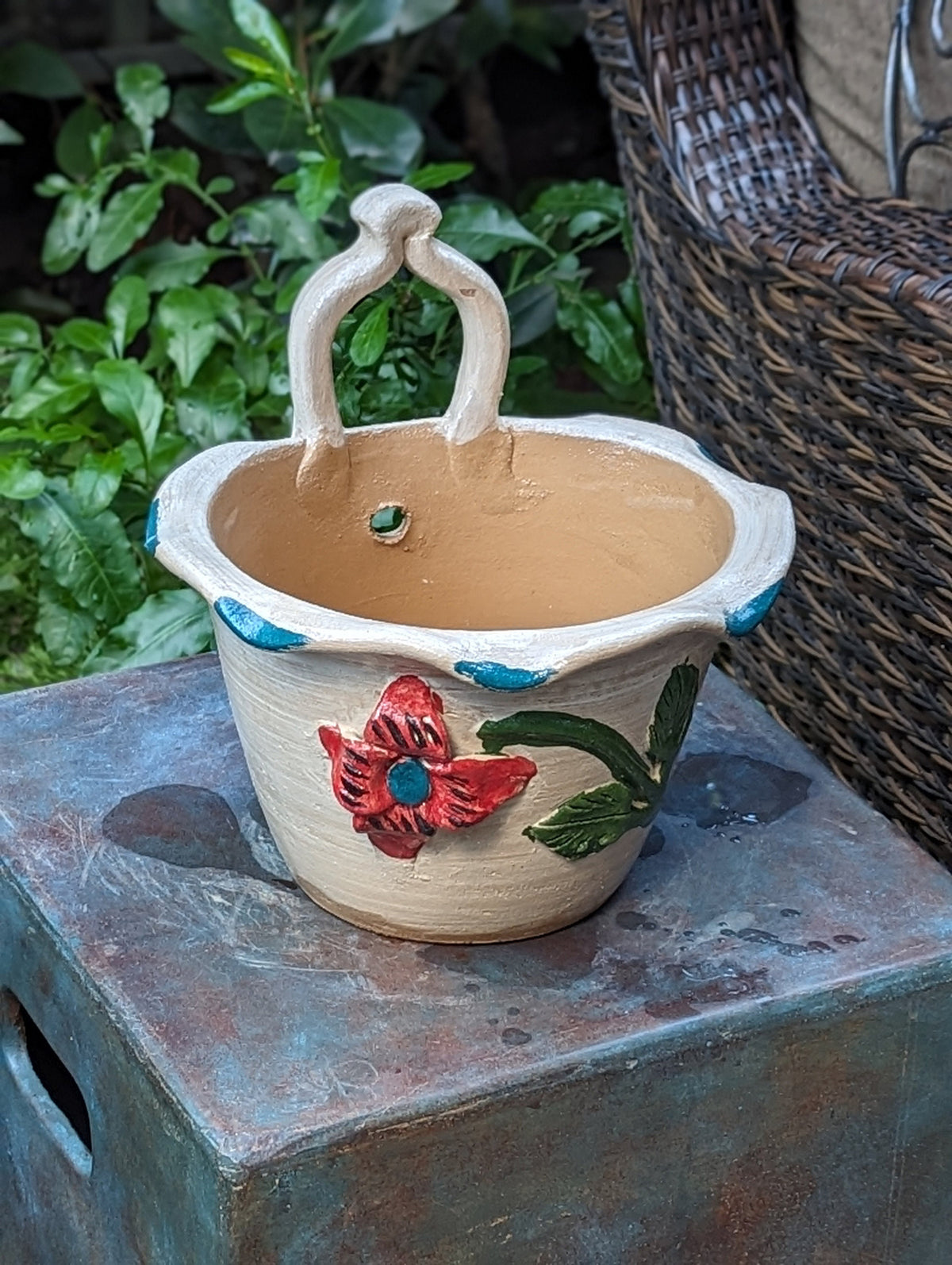Floral Planter, Handle Flower Pot | Handmade Mexican Pottery from Atzompa, Mexico, Indoor or Outdoor Home or Yard Decor, Ceramic Plant Pot