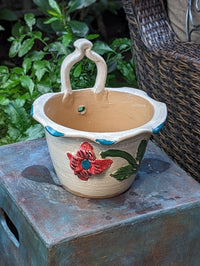 Floral Planter, Handle Flower Pot | Handmade Mexican Pottery from Atzompa, Mexico, Indoor or Outdoor Home or Yard Decor, Ceramic Plant Pot