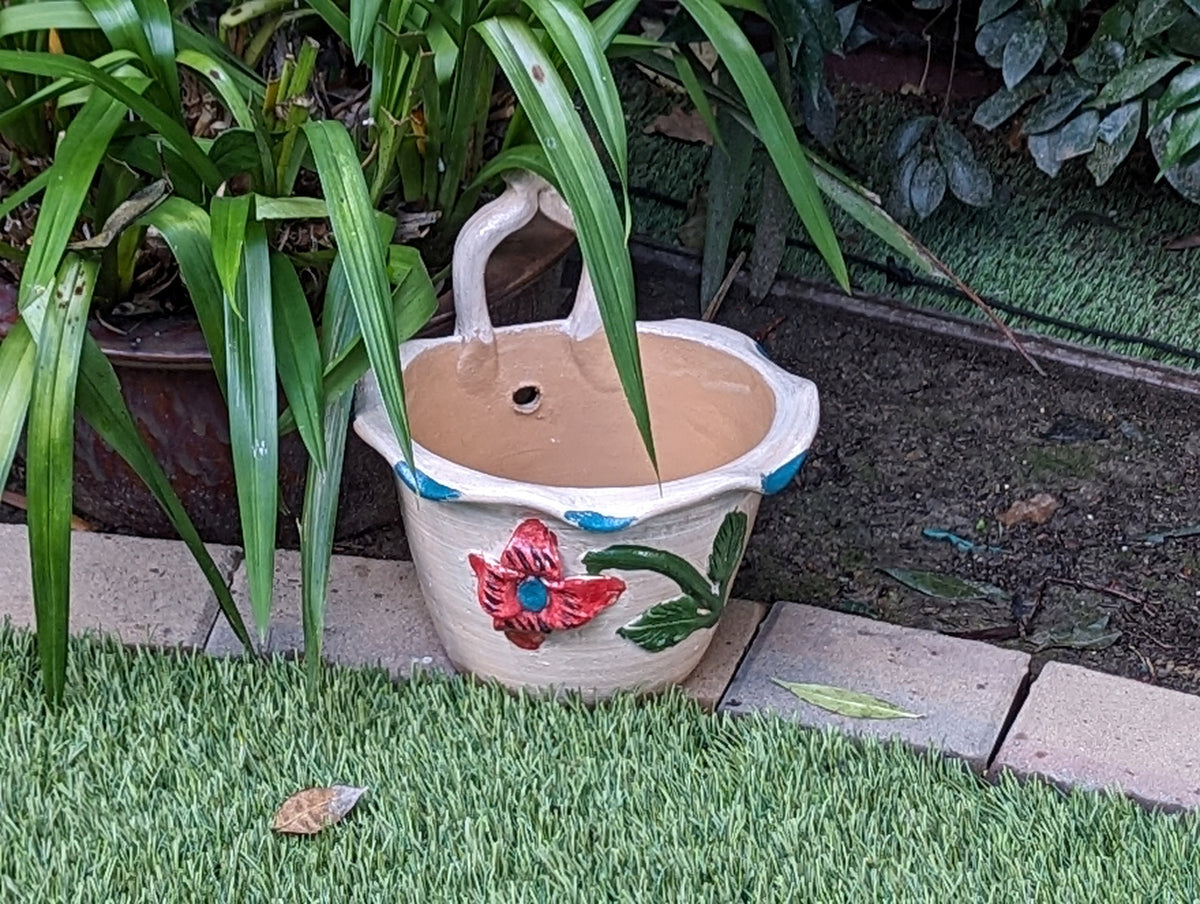 Floral Planter, Handle Flower Pot | Handmade Mexican Pottery from Atzompa, Mexico, Indoor or Outdoor Home or Yard Decor, Ceramic Plant Pot