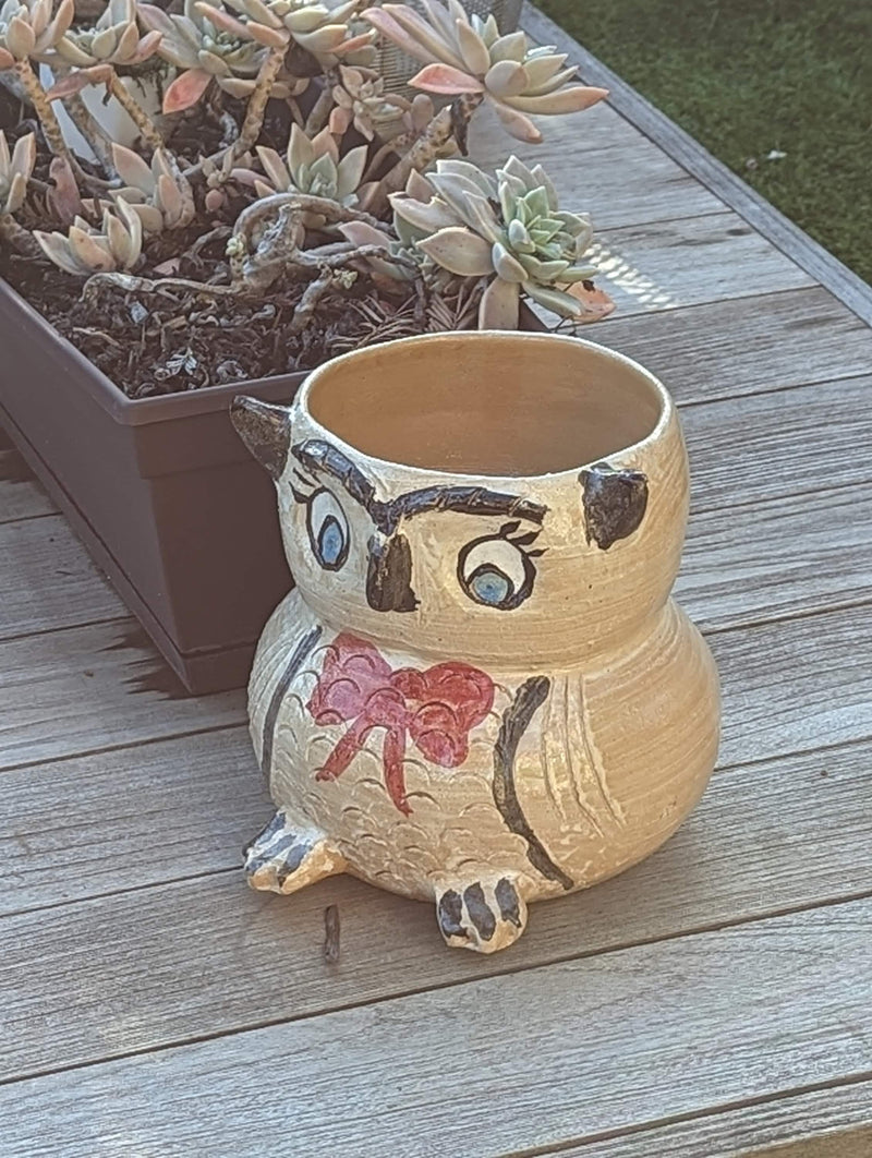 Red Bow Tie Owl Planter & Flower Pot | Handmade Mexican Pottery from Atzompa, Mexico, Indoor Home Decor or Outdoor Yard Decor, Ceramic Pot