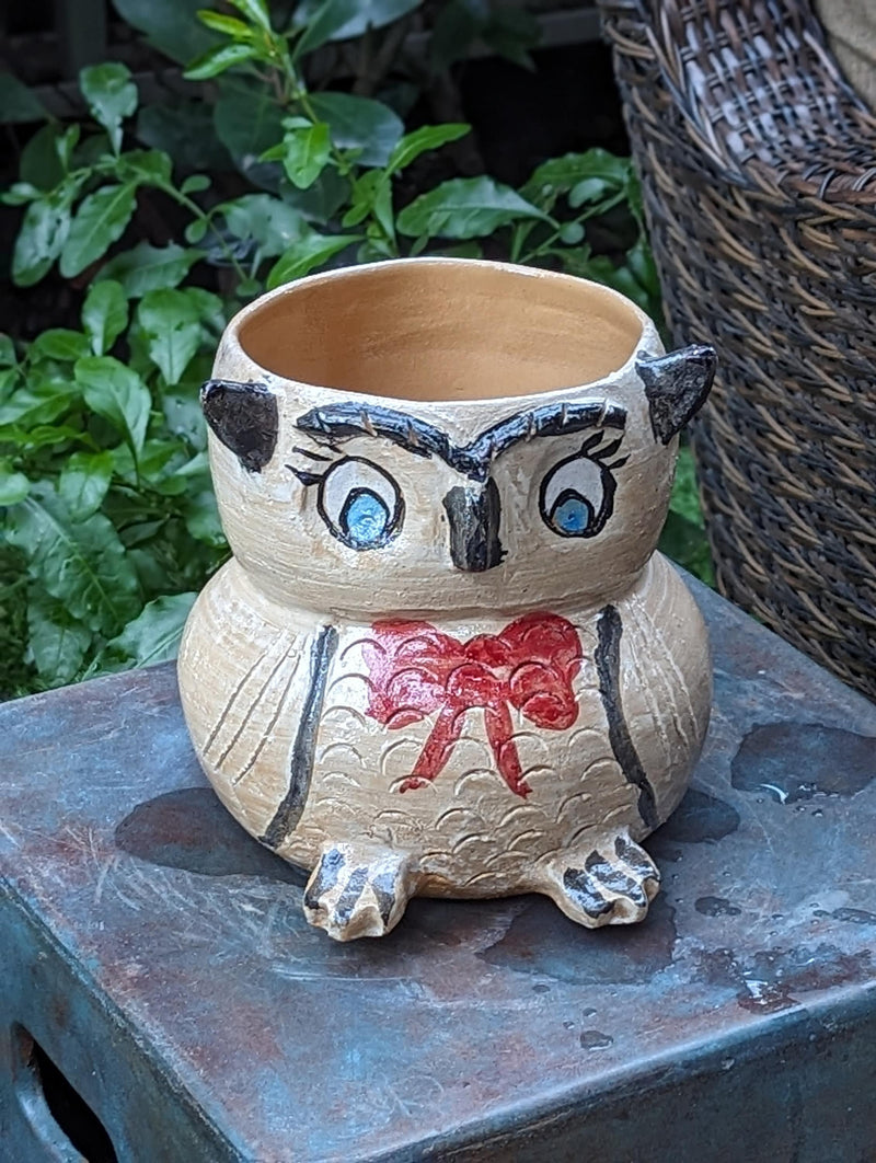 Red Bow Tie Owl Planter & Flower Pot | Handmade Mexican Pottery from Atzompa, Mexico, Indoor Home Decor or Outdoor Yard Decor, Ceramic Pot