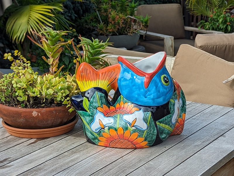 Talavera Whale Planter is Hand Painted Ceramic Mexican Pottery | Large Fish Planter Pot for Yard Art & Outdoor Garden Decor