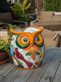 Pre-Order | Ceramic Owl Planter is a Gorgeous Talavera Flower Pot Bursting with Birds & Color | Use as Outdoor Garden Decor | 14" Tall