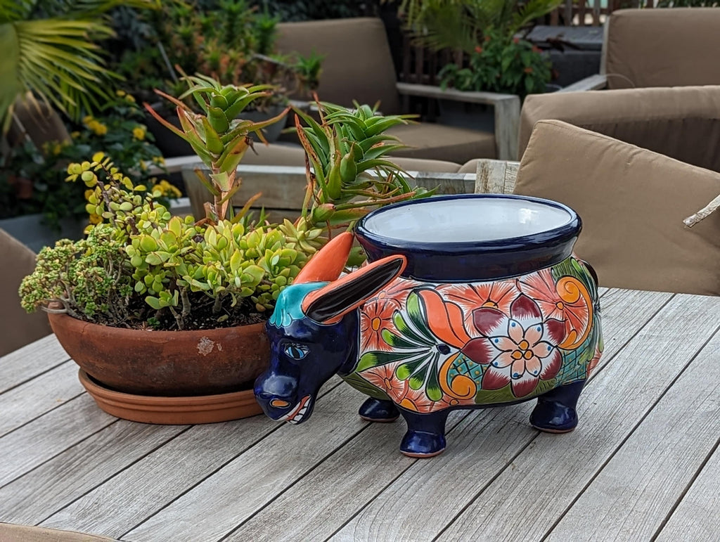 Talavera Donkey Planter is Hand Painted Ceramic Mexican Pottery | Colorful Planter Pot for Yard Art & Outdoor Garden Decor, Burro Flower Pot