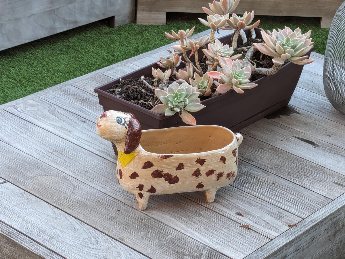 Happy Dog Planter and Flower Pot | Handmade Mexican Pottery from Atzompa, Mexico, Indoor or Outdoor Home or Yard Decor, Terracotta Pot
