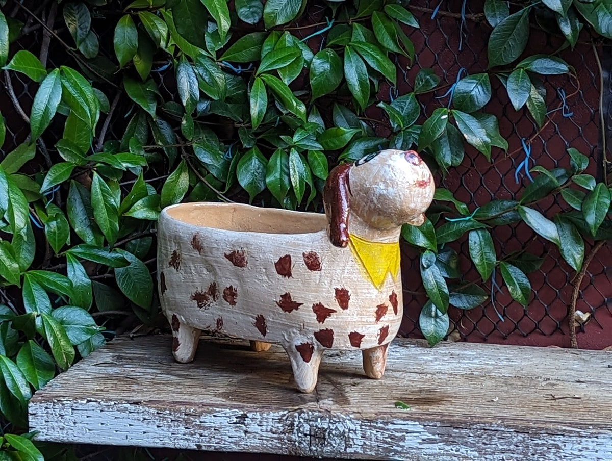 Happy Dog Planter and Flower Pot | Handmade Mexican Pottery from Atzompa, Mexico, Indoor or Outdoor Home or Yard Decor, Terracotta Pot