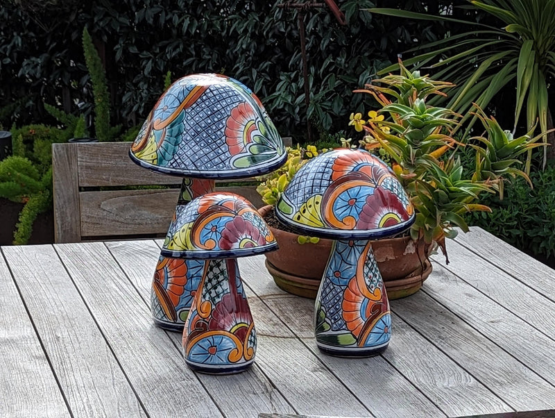 Mushroom Garden Decor & Yard Art, Ceramic Talavera Pottery, Unique Home Decor, 3 Toadstools Handmade in Mexico