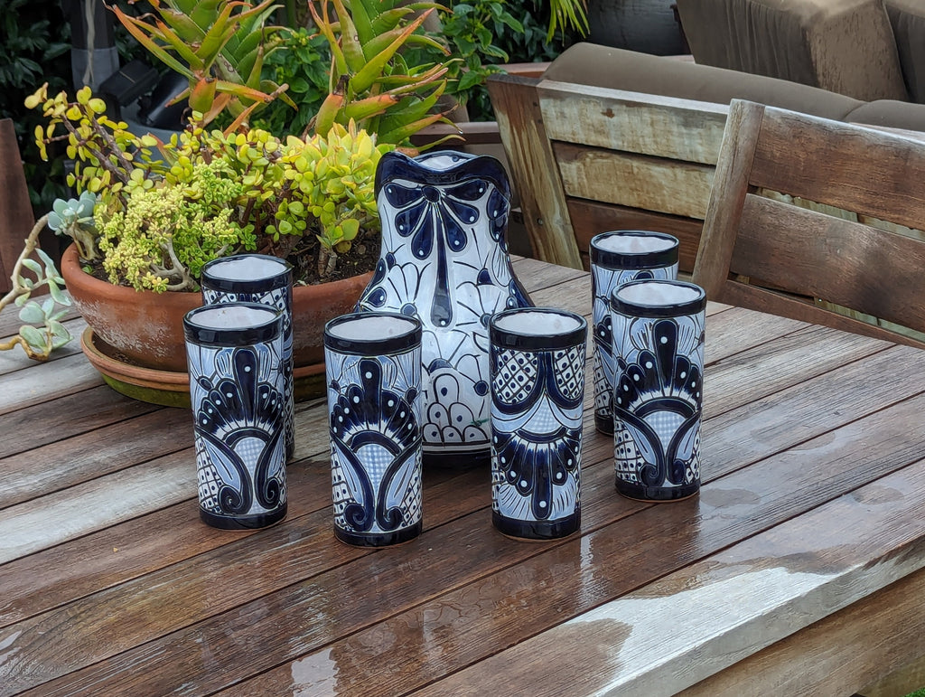 Talavera Ceramic Pitcher & Six Glasses, Handmade Mexican Pottery, Ceramic Water Pitcher Set for the Kitchen or Dining Room or Outdoor Picnic