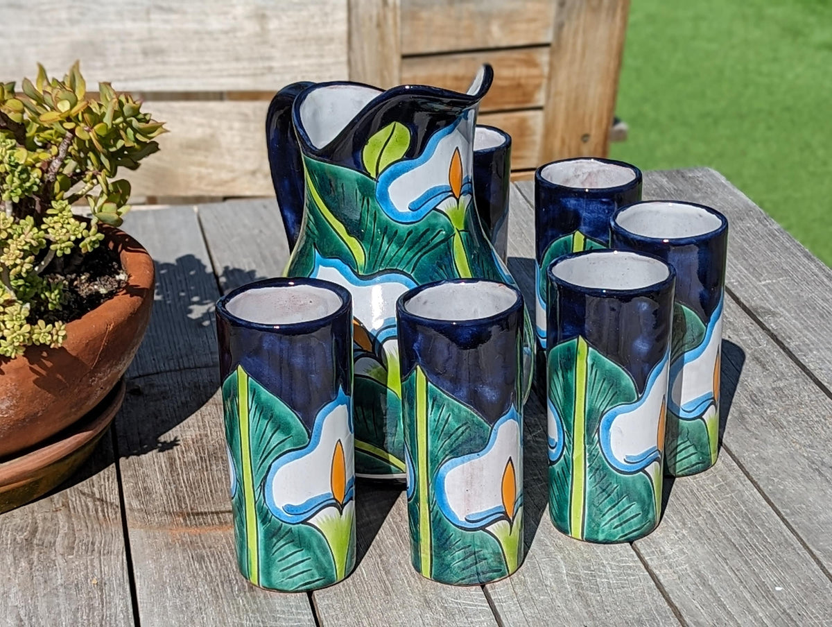 Talavera Ceramic Pitcher & Six Glasses, Handmade Mexican Pottery, Ceramic Water Pitcher Set for the Kitchen or Dining Room or Outdoor Picnic