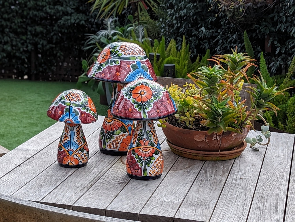 Pre-order | Mushroom Garden Decor & Yard Art, Ships 9-1 | Ceramic Talavera Pottery, Hummingbird Home Decor, 3 Toadstools Handmade in Mexico