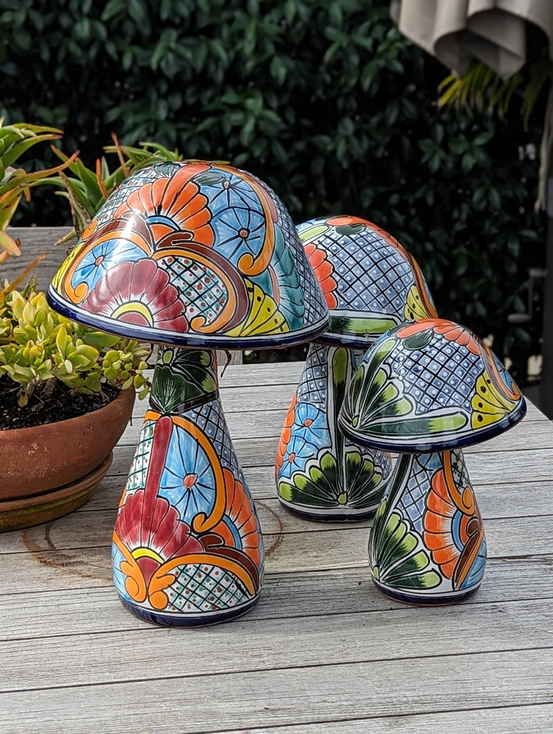 Mushroom Garden Decor & Yard Art, Ceramic Talavera Pottery, Unique Home Decor, 3 Toadstools Handmade in Mexico