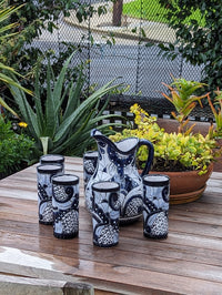 Talavera Ceramic Pitcher & Six Glasses, Handmade Mexican Pottery, Ceramic Water Pitcher Set for the Kitchen or Dining Room or Outdoor Picnic
