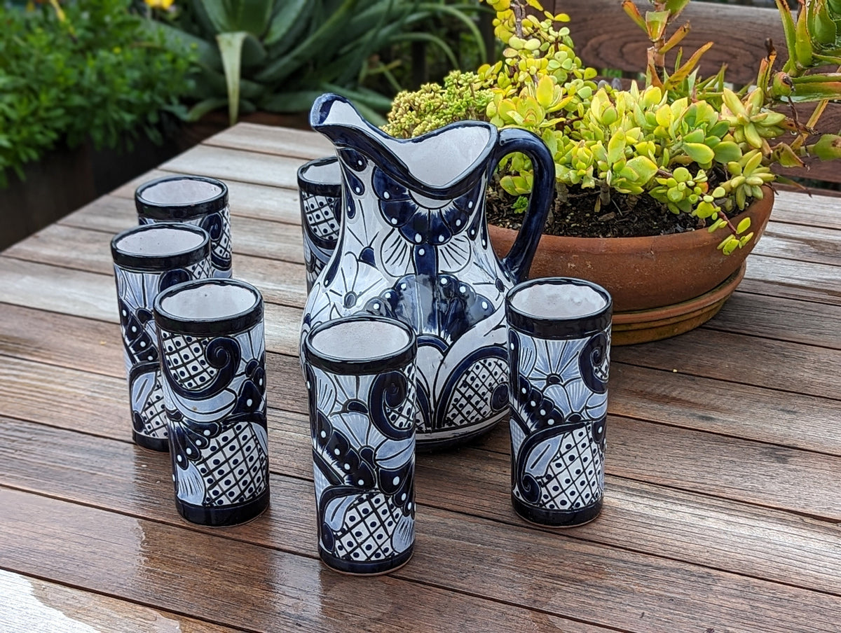 Talavera Ceramic Pitcher & Six Glasses, Handmade Mexican Pottery, Ceramic Water Pitcher Set for the Kitchen or Dining Room or Outdoor Picnic