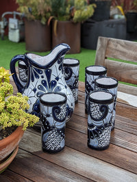 Talavera Ceramic Pitcher & Six Glasses, Handmade Mexican Pottery, Ceramic Water Pitcher Set for the Kitchen or Dining Room or Outdoor Picnic