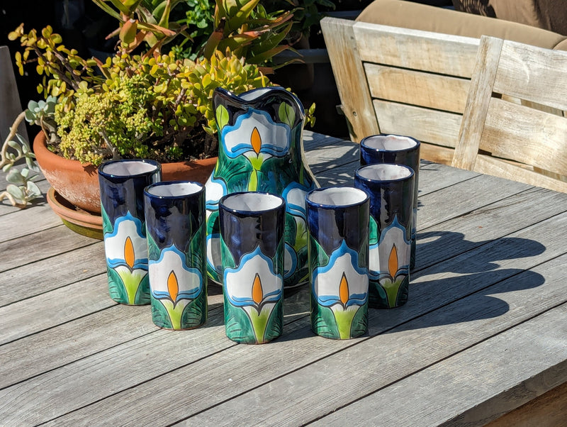 Talavera Ceramic Pitcher & Six Glasses, Handmade Mexican Pottery, Ceramic Water Pitcher Set for the Kitchen or Dining Room or Outdoor Picnic