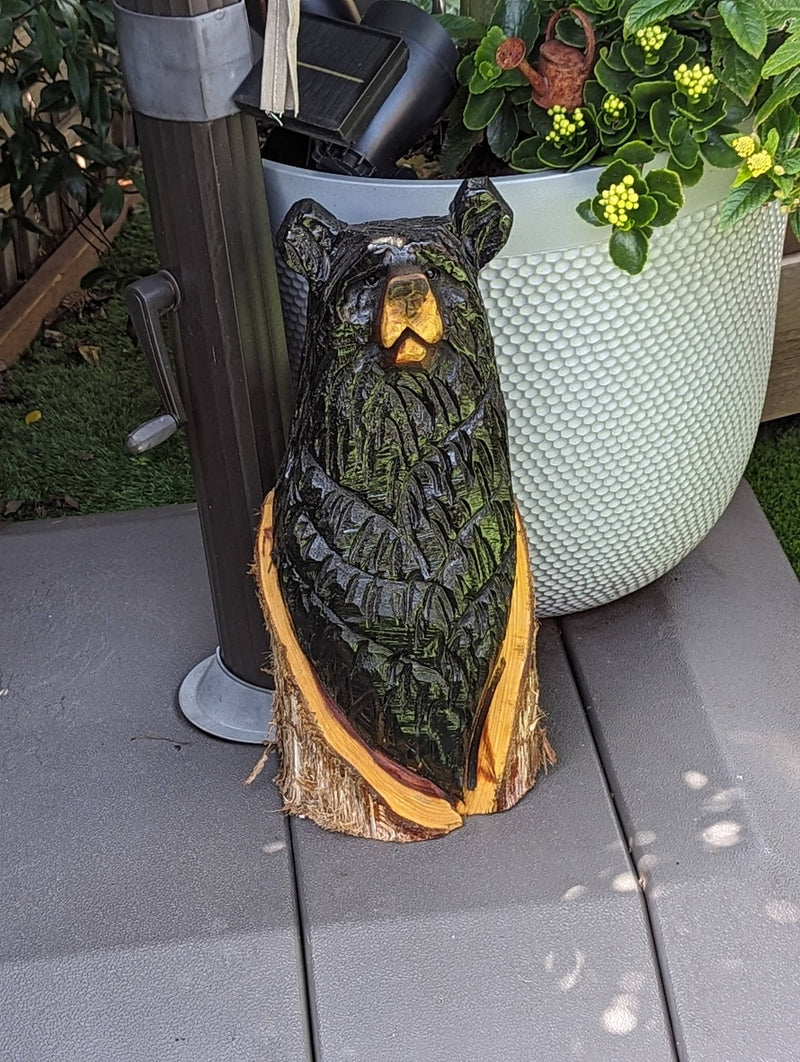 Chainsaw Carved Black Bear Garden Decor & Yard Art to Greet Your Guests with a Handmade Wooden Statue on Your Front Porch 16-20in Tall