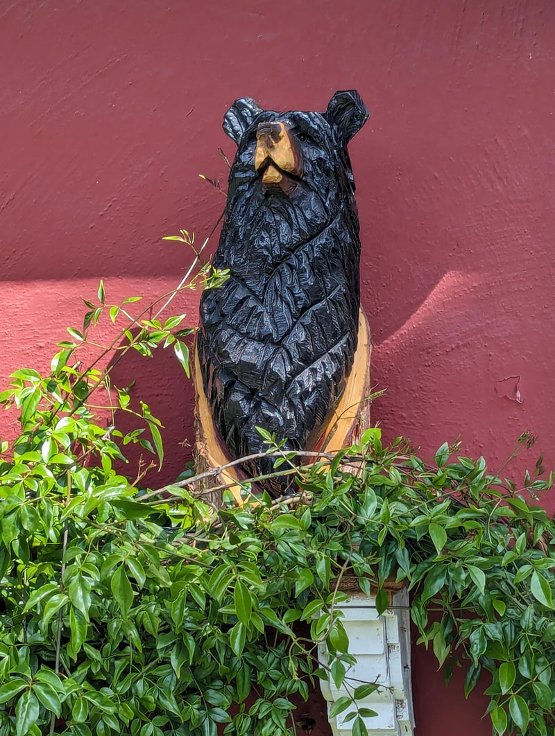 Chainsaw Carved Black Bear Garden Decor & Yard Art to Greet Your Guests with a Handmade Wooden Statue on Your Front Porch 16-20in Tall