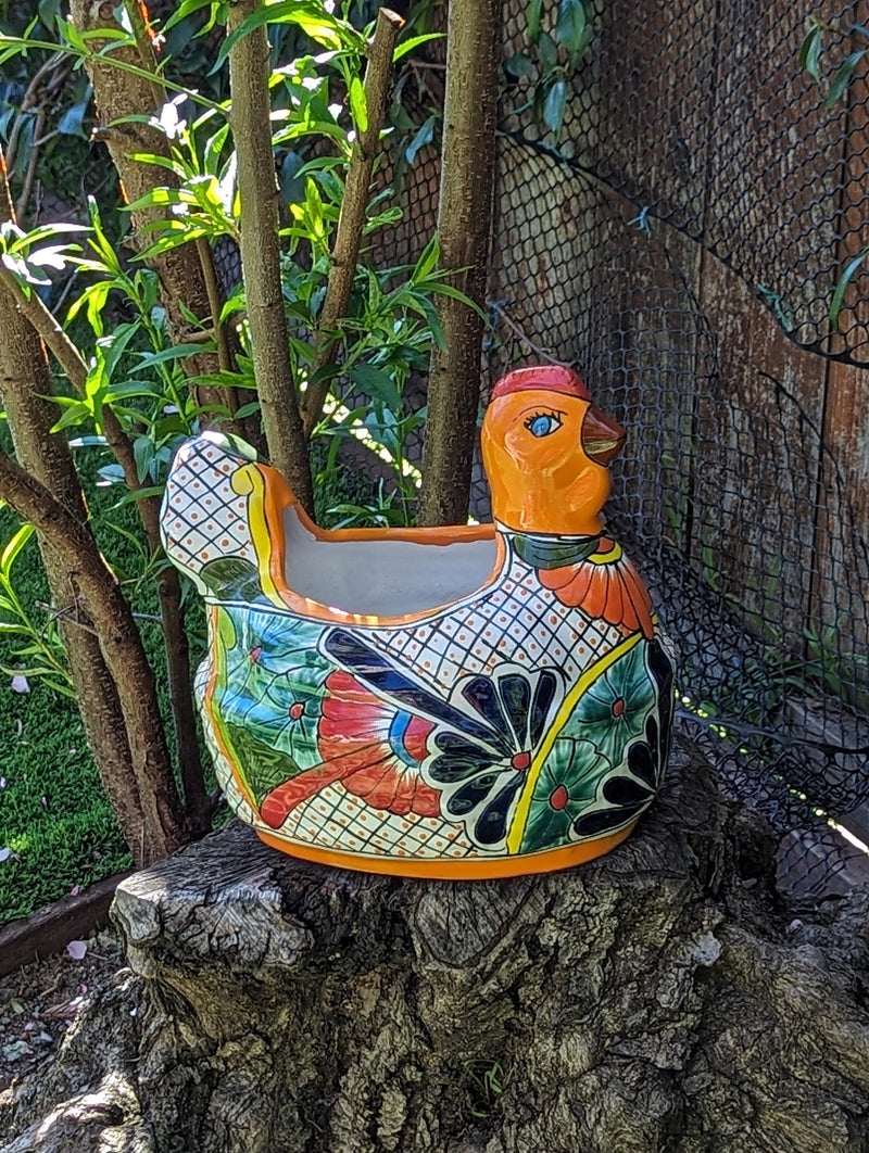 Talavera Chicken Planter & Ceramic Flower Pot, Handmade Outdoor Yard Decor or Indoor Plant Pot, Colorful Mexican Garden Decor