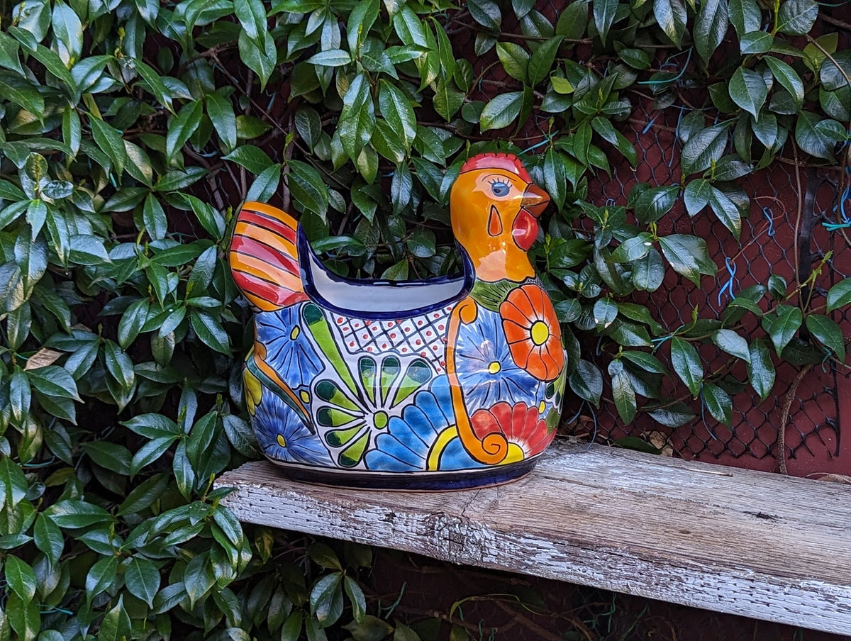 Talavera Chicken Planter & Ceramic Flower Pot, Handmade Outdoor Yard Decor or Indoor Plant Pot, Colorful Mexican Garden Decor