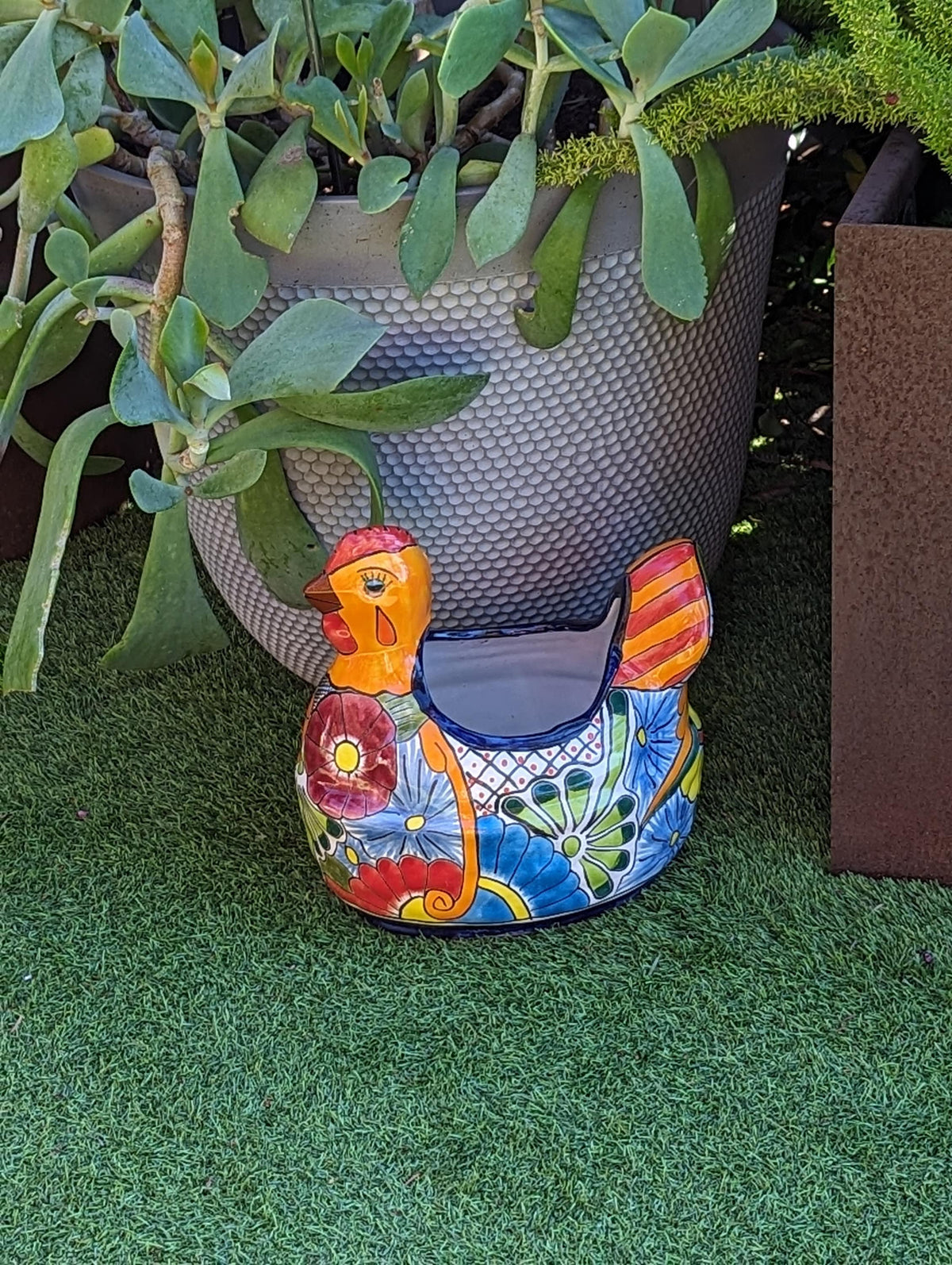 Talavera Chicken Planter & Ceramic Flower Pot, Handmade Outdoor Yard Decor or Indoor Plant Pot, Colorful Mexican Garden Decor