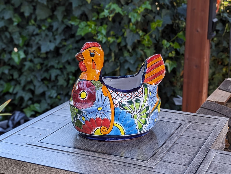 Talavera Chicken Planter & Ceramic Flower Pot, Handmade Outdoor Yard Decor or Indoor Plant Pot, Colorful Mexican Garden Decor