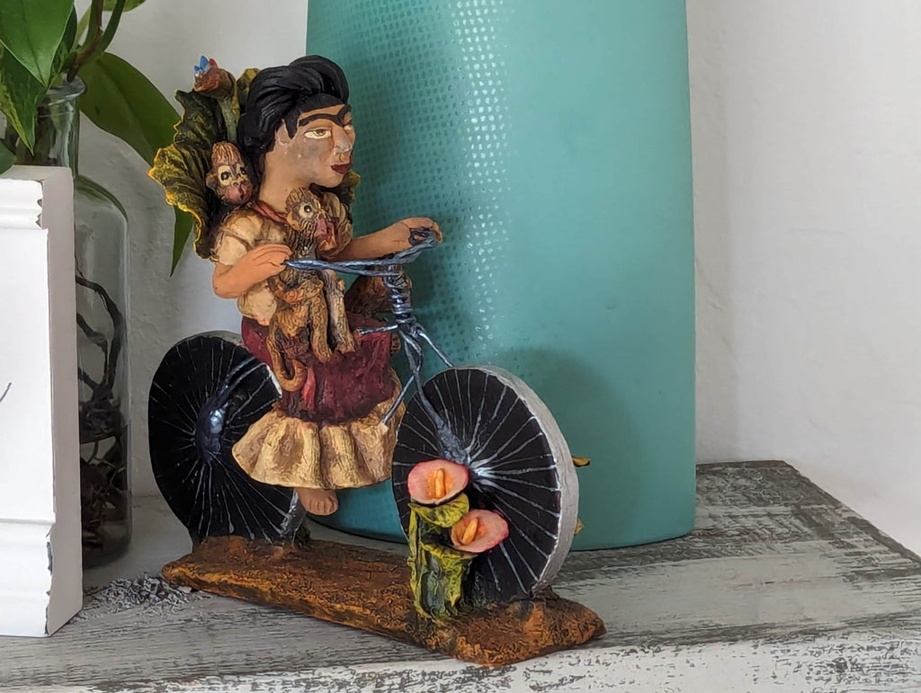 Handmade Gift Woman on Bicycle with 4 Monkeys Original Art &amp; Clay Figurine Unique Home Decor from Oaxaca, Mexico by Jose Juan Aguilar&nbsp;