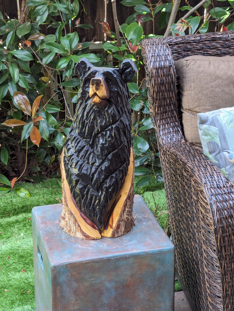 Chainsaw Carved Black Bear Garden Decor & Yard Art to Greet Your Guests with a Handmade Wooden Statue on Your Front Porch 16-20in Tall