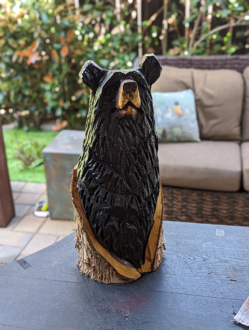 Chainsaw Carved Black Bear Garden Decor & Yard Art to Greet Your Guests with a Handmade Wooden Statue on Your Front Porch 16-20in Tall