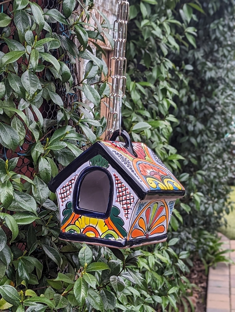 Ceramic Bird Feeder Talavera Pottery, Decorative Outdoor Hanging Feeder Station, Handmade Mexican Pottery to Attract Wild Birds