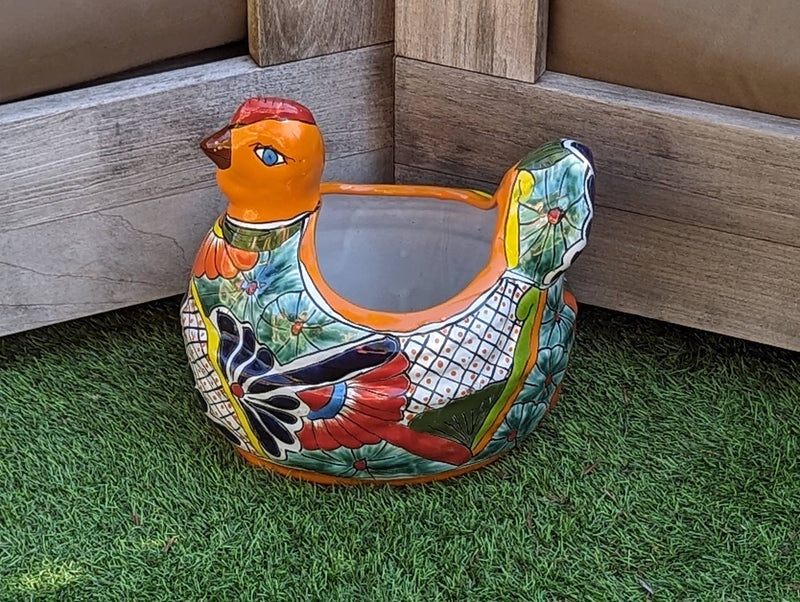 Talavera Chicken Planter & Ceramic Flower Pot, Handmade Outdoor Yard Decor or Indoor Plant Pot, Colorful Mexican Garden Decor