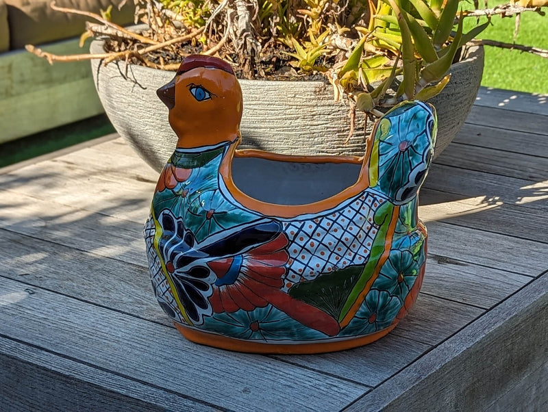 Talavera Chicken Planter & Ceramic Flower Pot, Handmade Outdoor Yard Decor or Indoor Plant Pot, Colorful Mexican Garden Decor