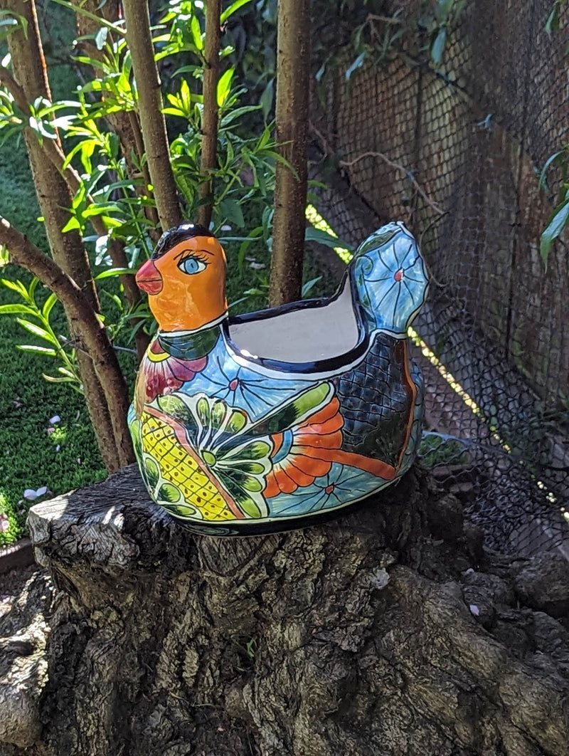 Talavera Chicken Ceramic Planter & Colorful Flower Pot, Handmade Outdoor Yard Decor or Indoor Plant Pot, Colorful Mexican Garden Decor