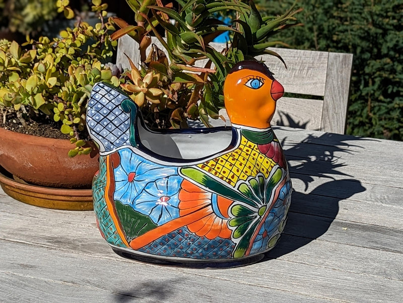 Talavera Chicken Ceramic Planter & Colorful Flower Pot, Handmade Outdoor Yard Decor or Indoor Plant Pot, Colorful Mexican Garden Decor