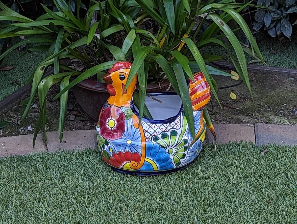 Talavera Chicken Planter & Ceramic Flower Pot, Handmade Outdoor Yard Decor or Indoor Plant Pot, Colorful Mexican Garden Decor