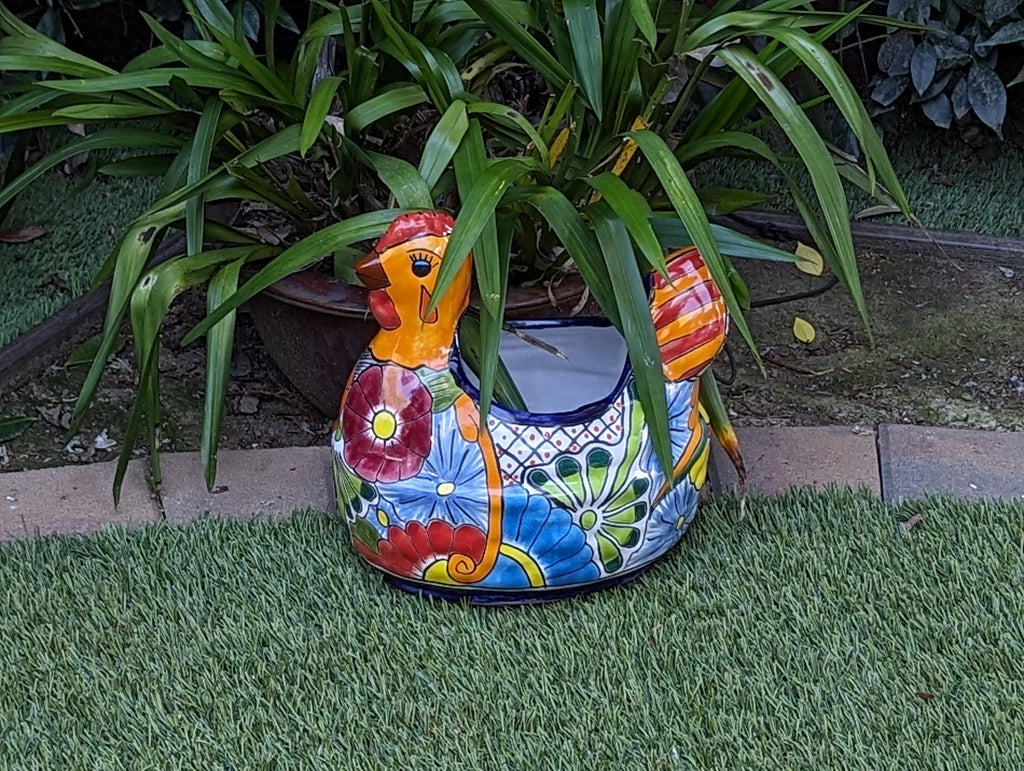 Talavera Chicken Planter & Ceramic Flower Pot, Handmade Outdoor Yard Decor or Indoor Plant Pot, Colorful Mexican Garden Decor