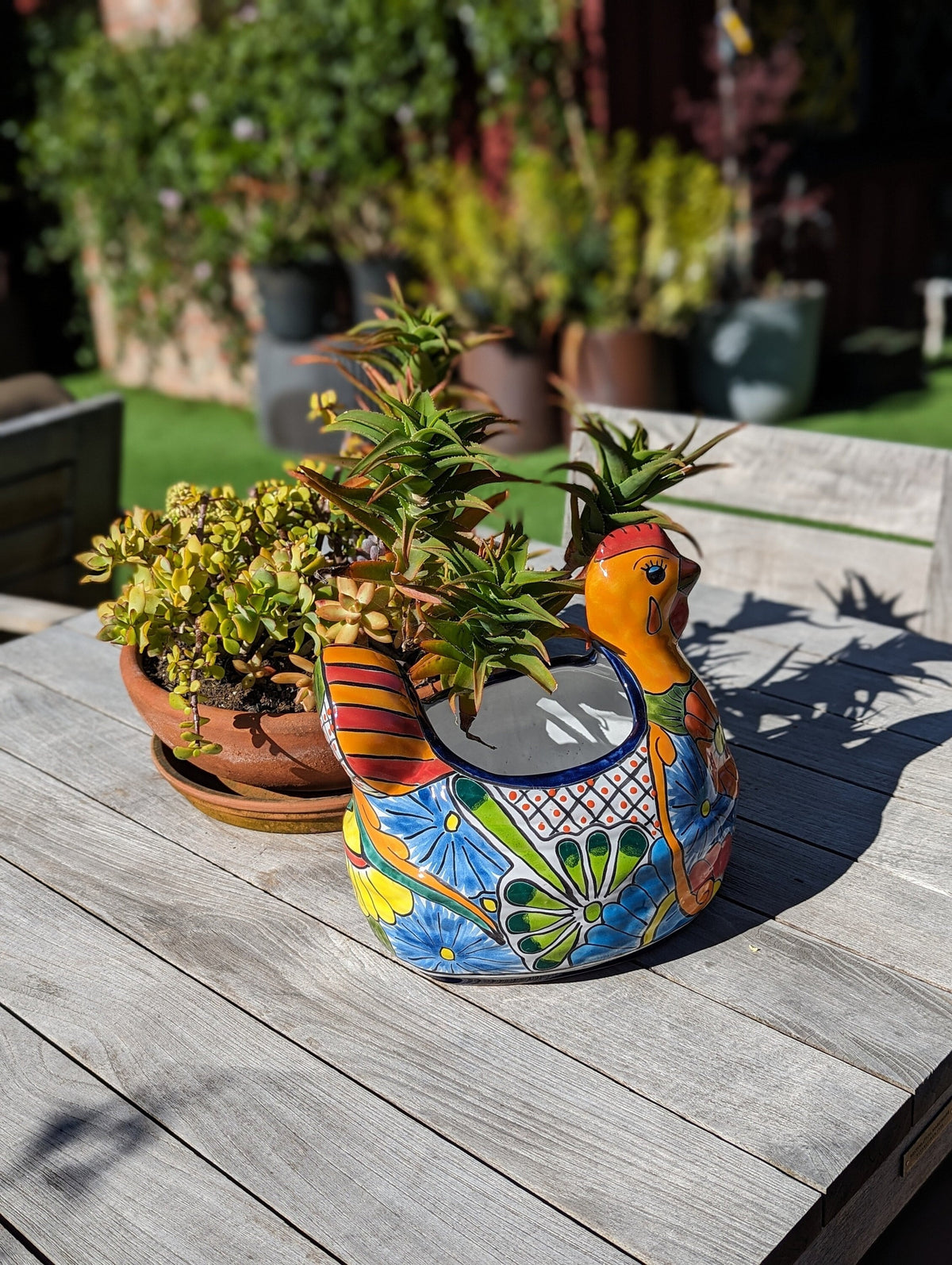 Talavera Chicken Planter & Ceramic Flower Pot, Handmade Outdoor Yard Decor or Indoor Plant Pot, Colorful Mexican Garden Decor